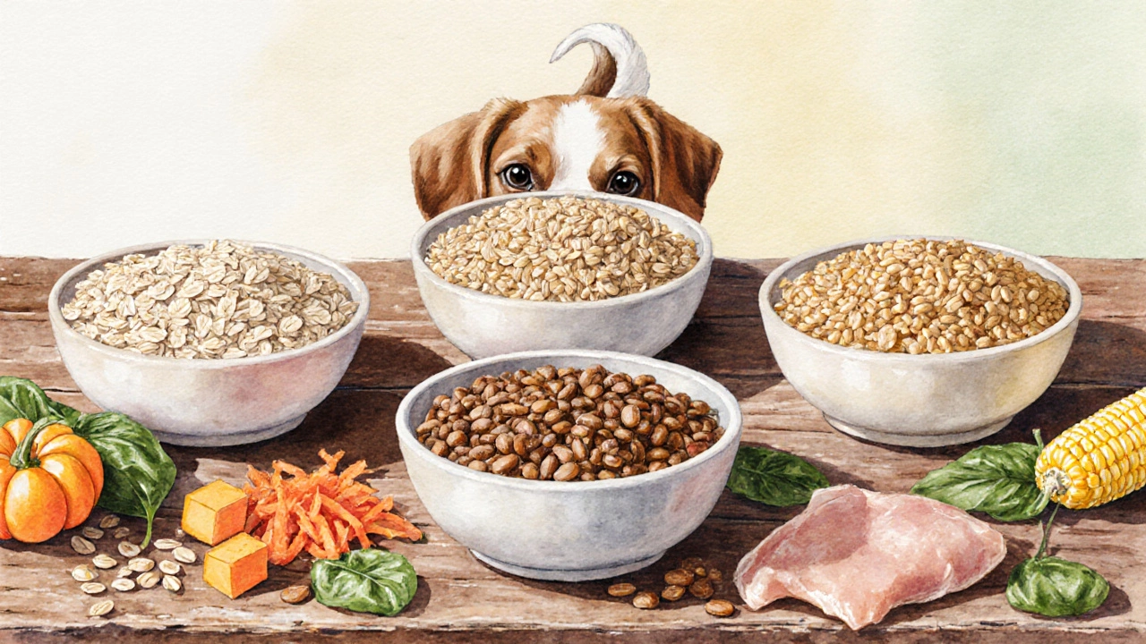 Бассейны с разными цельными злаками и овощами, собака нюхает их.