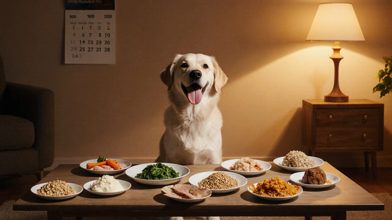 Семь тарелок с разными кашами и белком, собака радостно смотрит на еду.