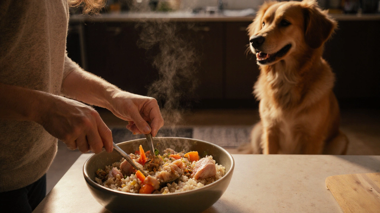 Хозяин готовит домашнюю еду для собаки: курица, морковь, рис и рыбий жир, собака наблюдает.
