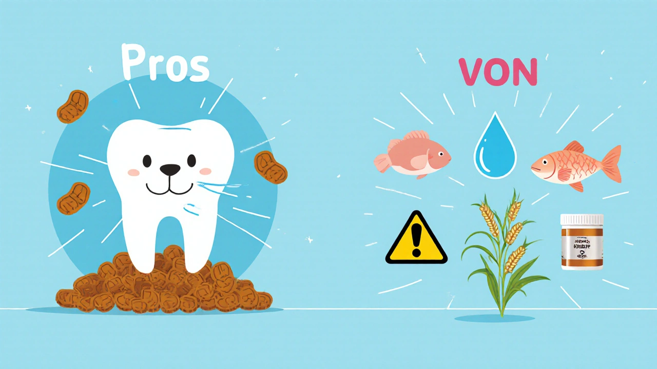 Иллюстрация плюсов и минусов сухого собачьего корма с зубами, каплей воды и иконками ингредиентов.