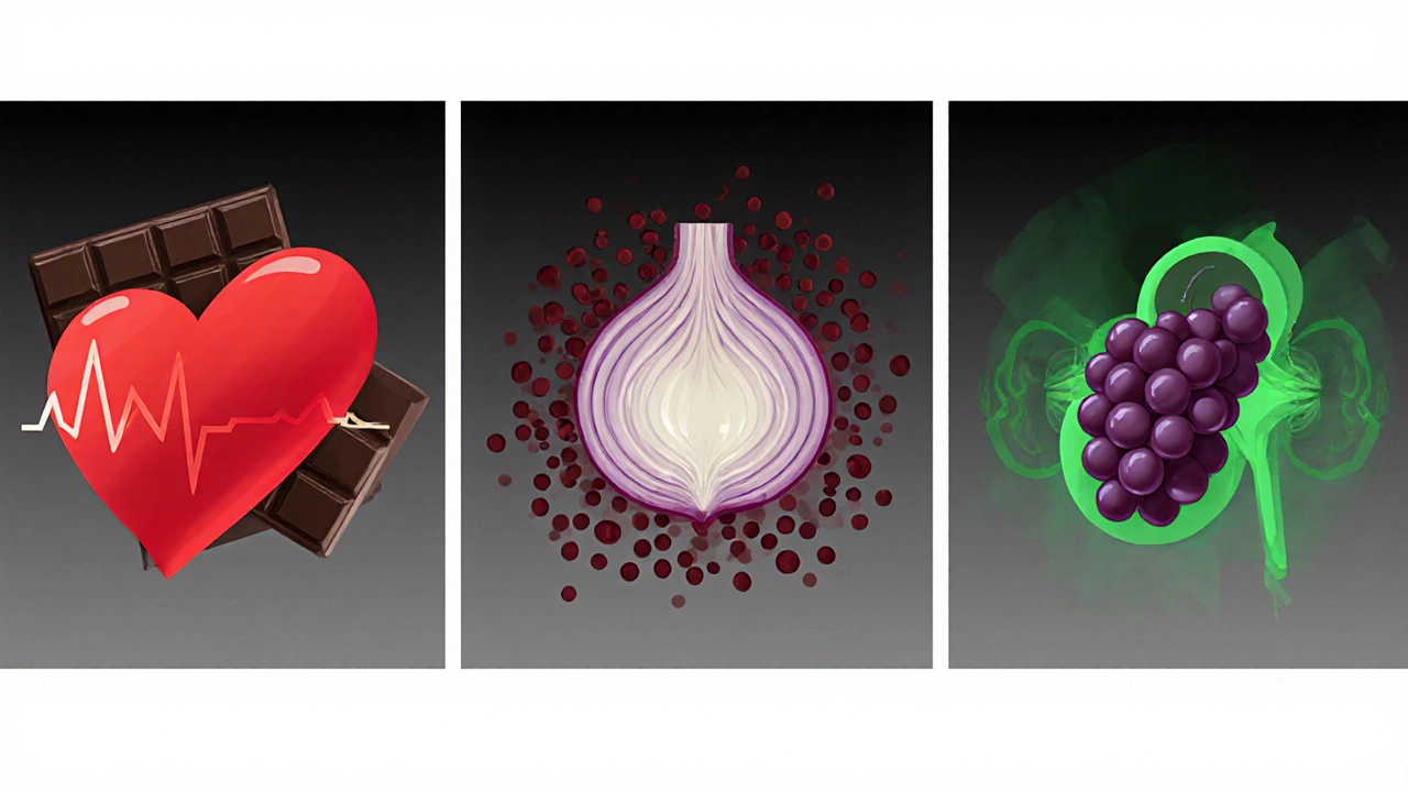 Иллюстрация реакции: сердце с шоколадом, кровь с луком, почки с виноградом.