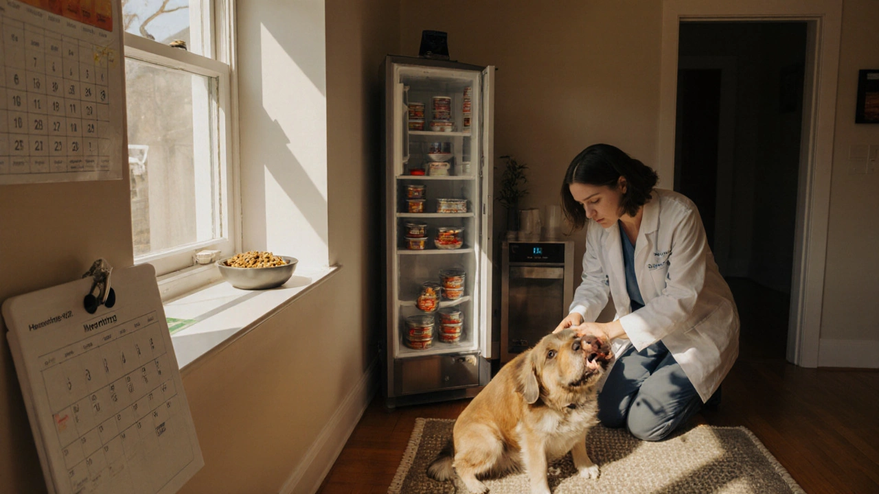 Календарь питания: утро – сухой корм у окна, вечер – влажный корм на ковре, ветеринар проверяет зубы собаки.