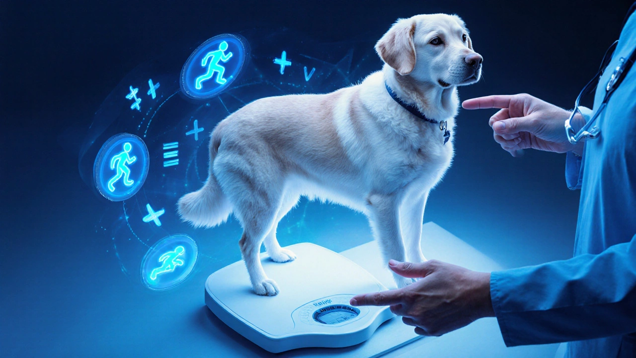 Лабрадор на весах в клинике, вокруг него плавают светящиеся символы формулы энергии и значки активности.
