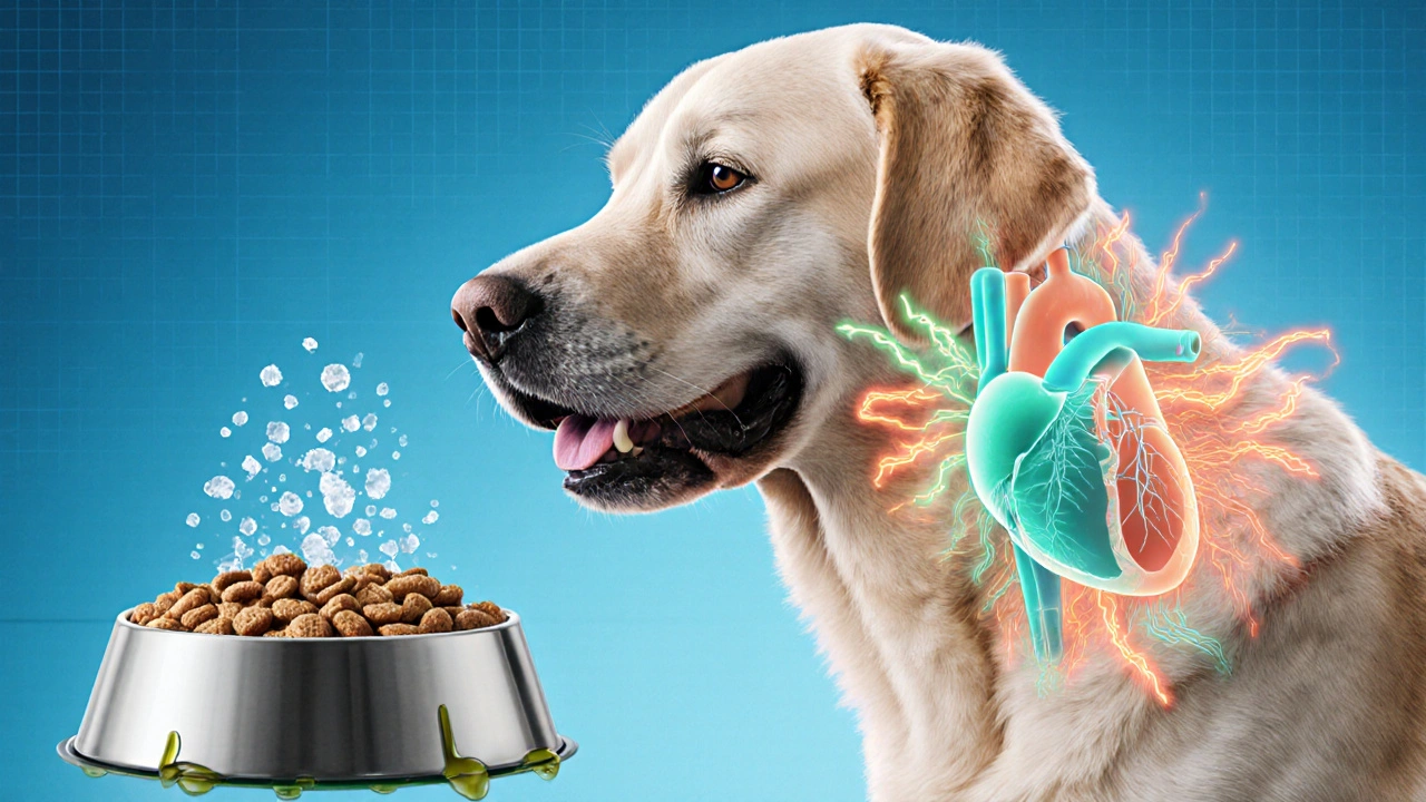 Лабрадор с видимым ожирением, вокруг сердца показана нерегулярная электрическая активность и миска жирного корма.