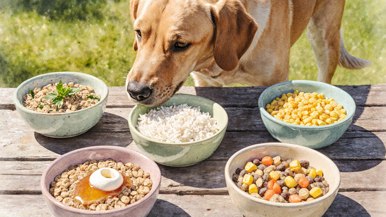 Пять мисок с разными зерновыми кашами, собака исследует их аромат.