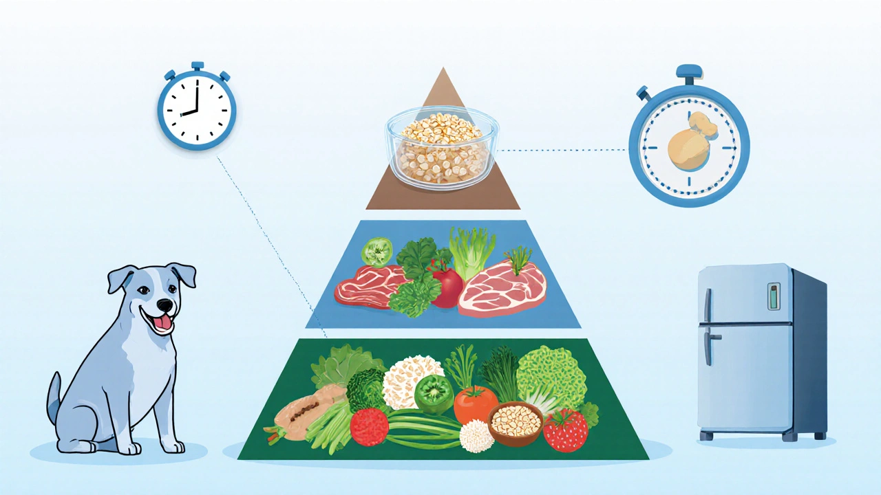 Пирамида сбалансированного рациона собаки с кашей как дополнительным элементом.
