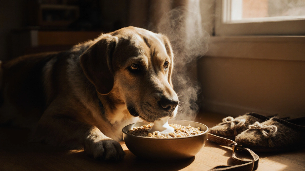 Пожилая собака ест овсянку из миски, рядом капля йогурта и мягкий свет.