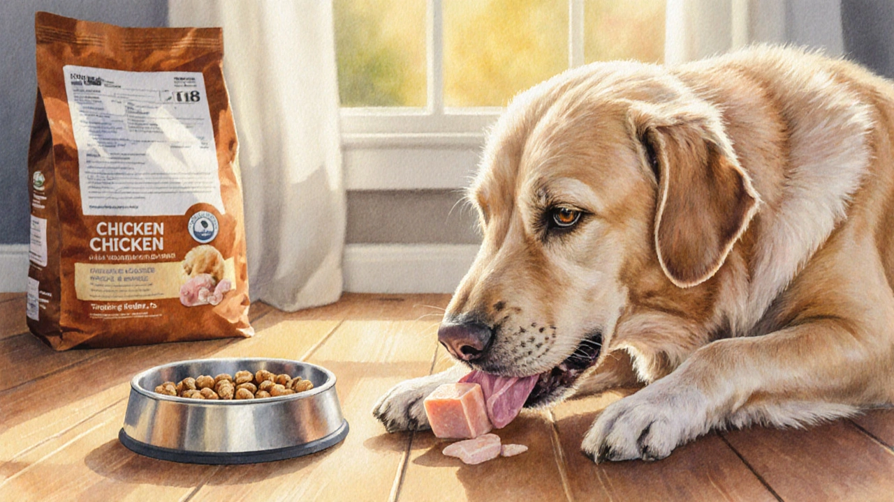 Пожилая собака лакает кусочек вареной курицы как лакомство, свет солнца через окно.