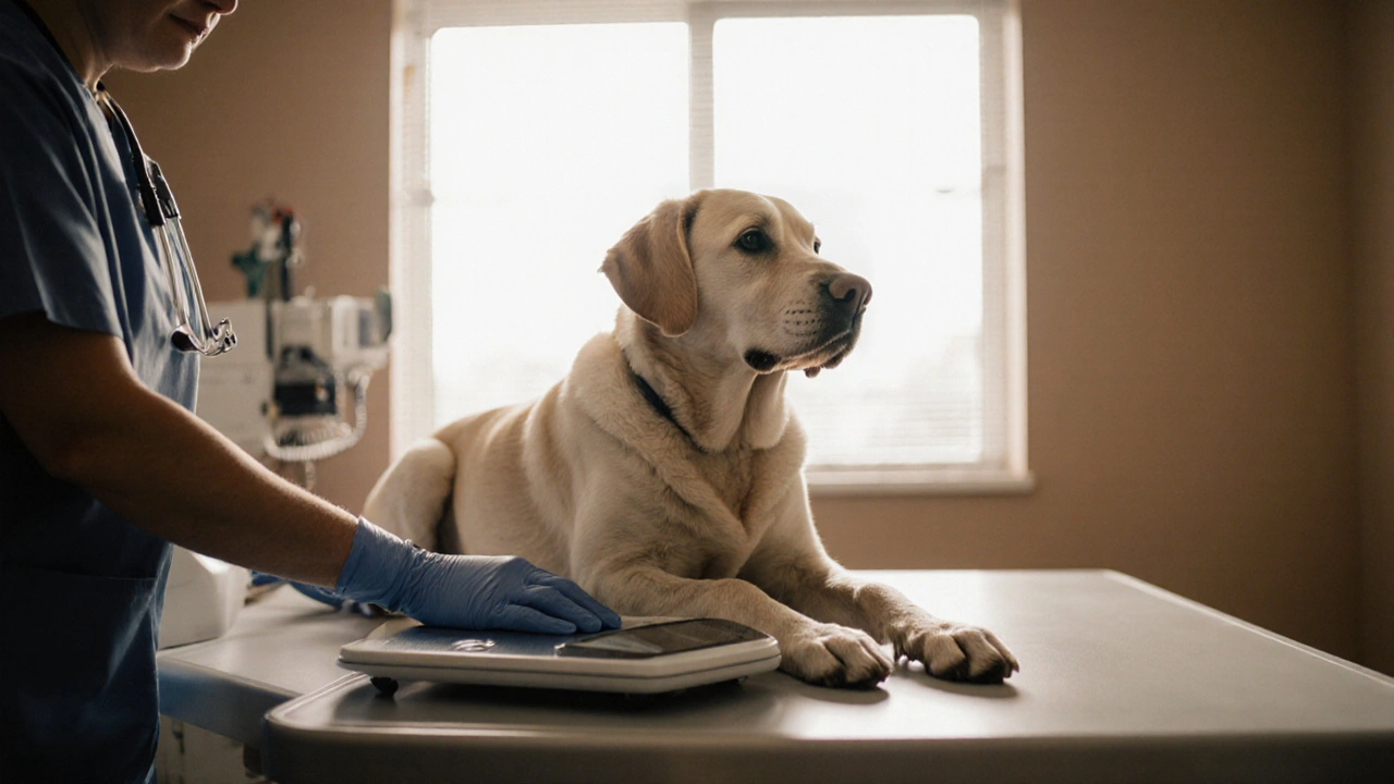 Пожилой пес на ветеринарном столе, ветеринар проверяет его вес, символизируя контроль здоровья.