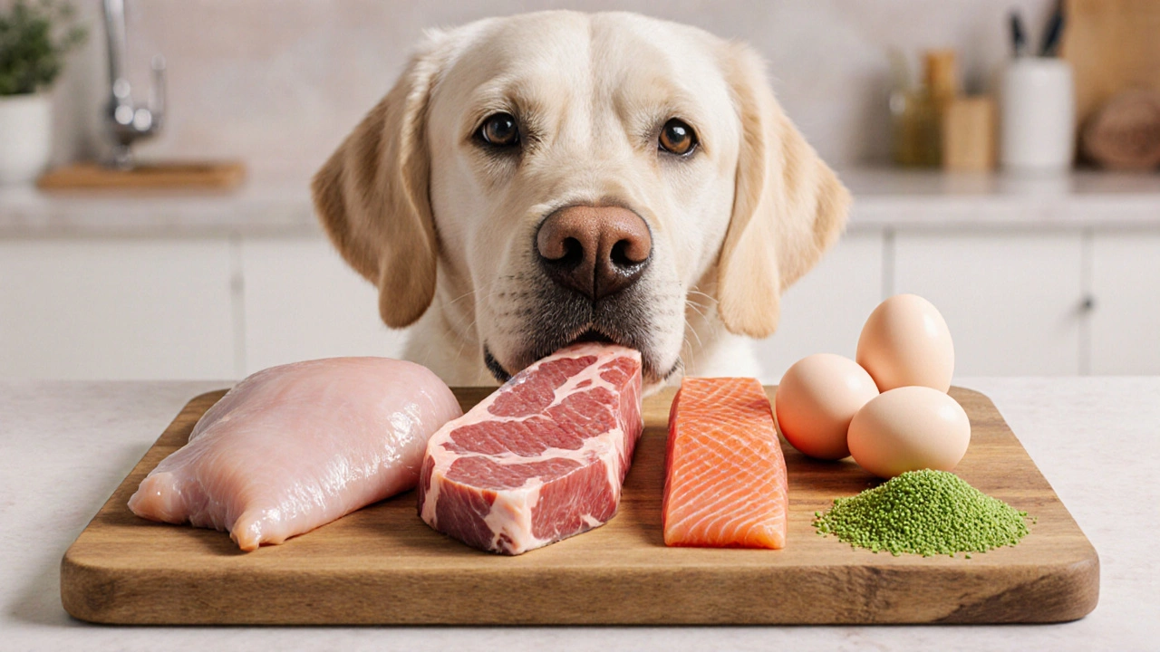 Разнообразные источники протеина (курица, говядина, лосось, яйца, горох) на столе.