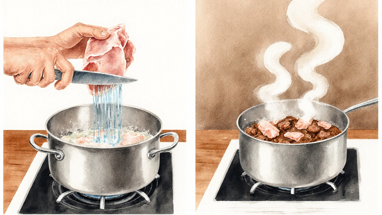 Рука моет и обрезает мясо, затем готовит его на пару в кастрюле без специй.