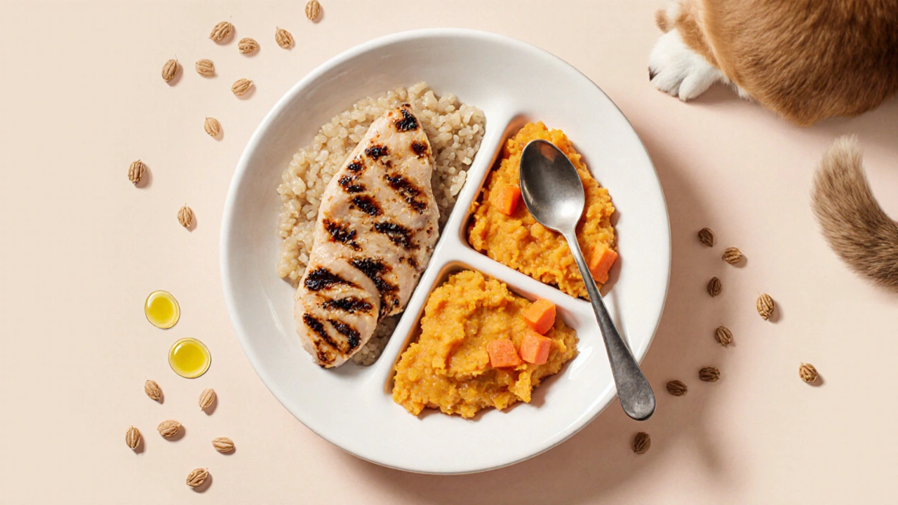 Сбалансированная порция еды для собаки: курица, рис и овощи на тарелке.