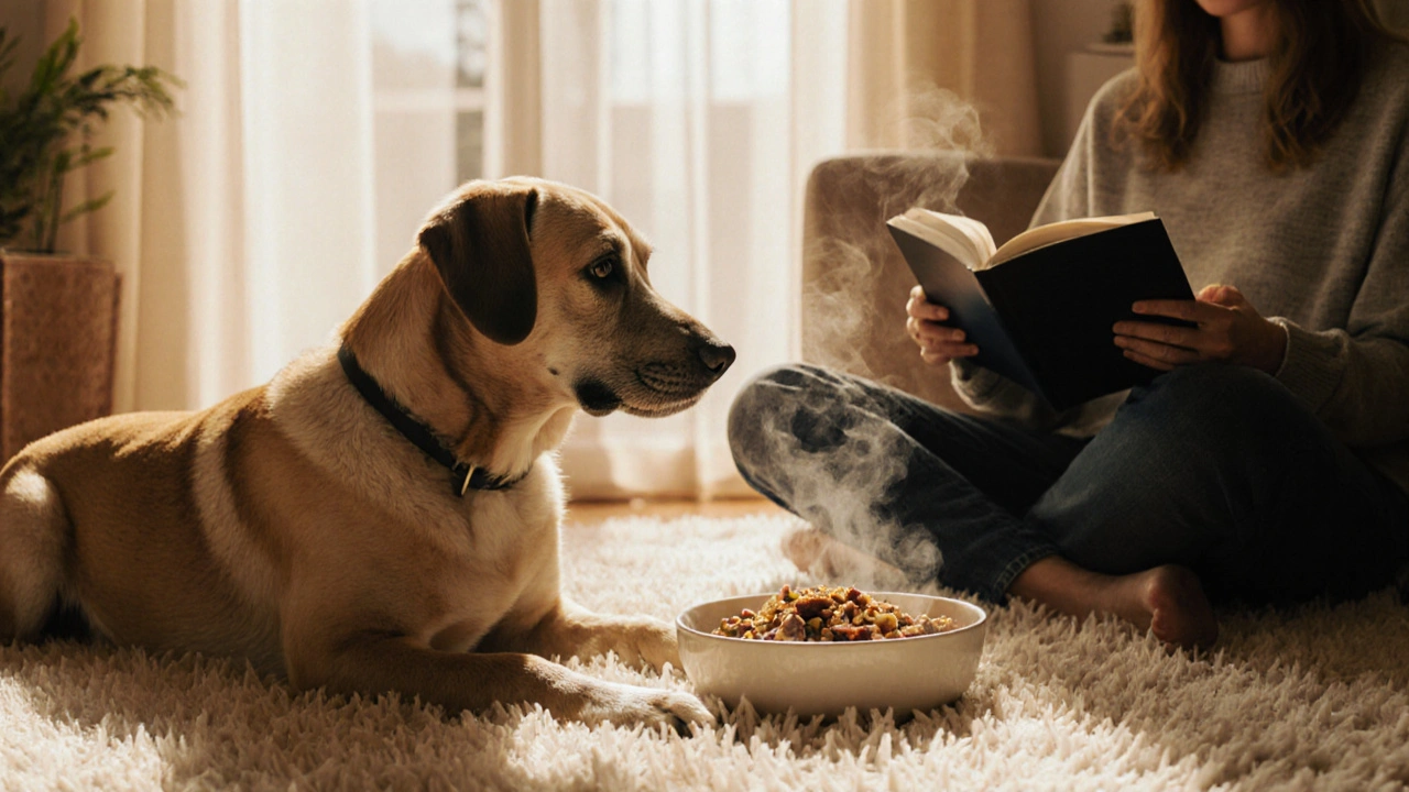 Счастливая собака ест готовую мясную кашу в уютной гостиной.