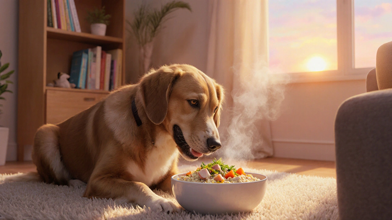 Счастливая собака ест готовую питательную кашу в уютной комнате.