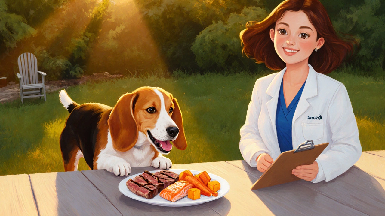 Счастливая собака ест говядину, лосось, морковь и батат под присмотром ветеринара.