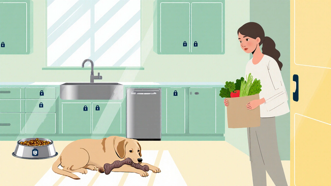 Счастливая собака в безопасной кухне, закрытые шкафы, играет с безопасной жевательной игрушкой.