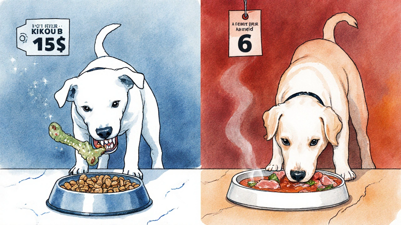 Сцена с двумя сторонами: сухой корм и блестящие зубы слева, влажный корм с кусками мяса и более высокой ценой справа.