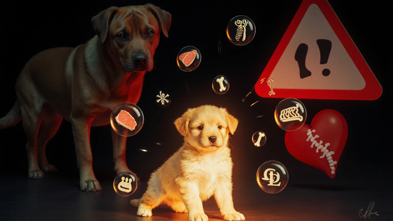 Щенок светится энергией, взрослая собака в тени — символ переедания.