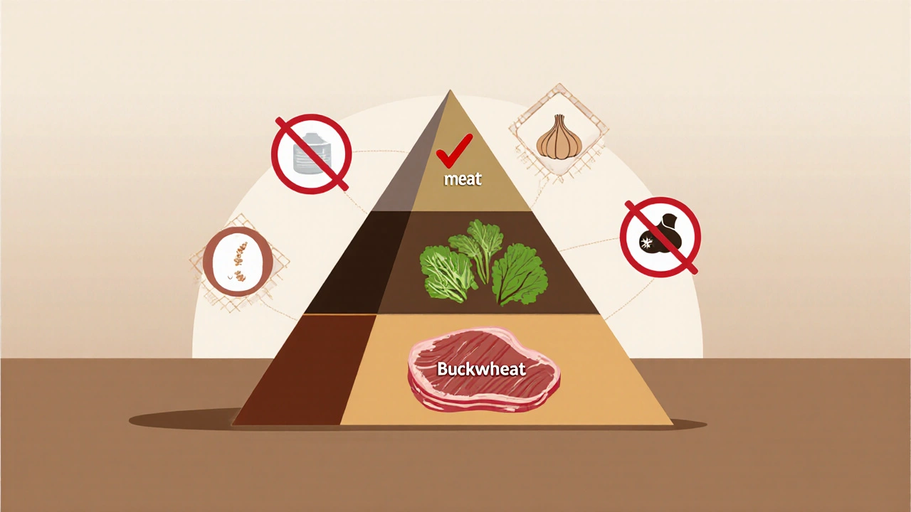 Схема сбалансированного рациона собаки с акцентом на гречку как дополнение.