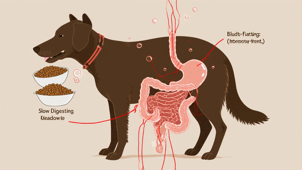 Схематичное изображение пищеварительной системы собаки с конфликтом между кормом и мясом.