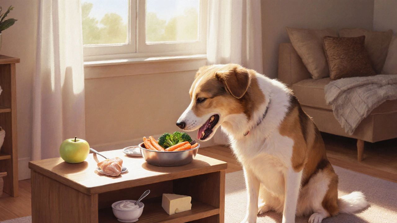 Собака ест безопасную еду: курица, морковь, йогурт в уютной комнате.