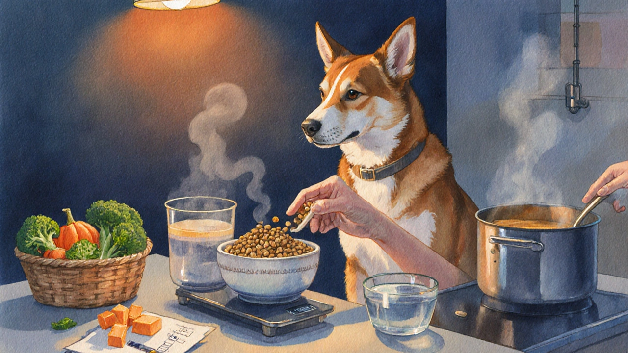 Собака ест из миски, владелец измеряет порцию, рядом вода.