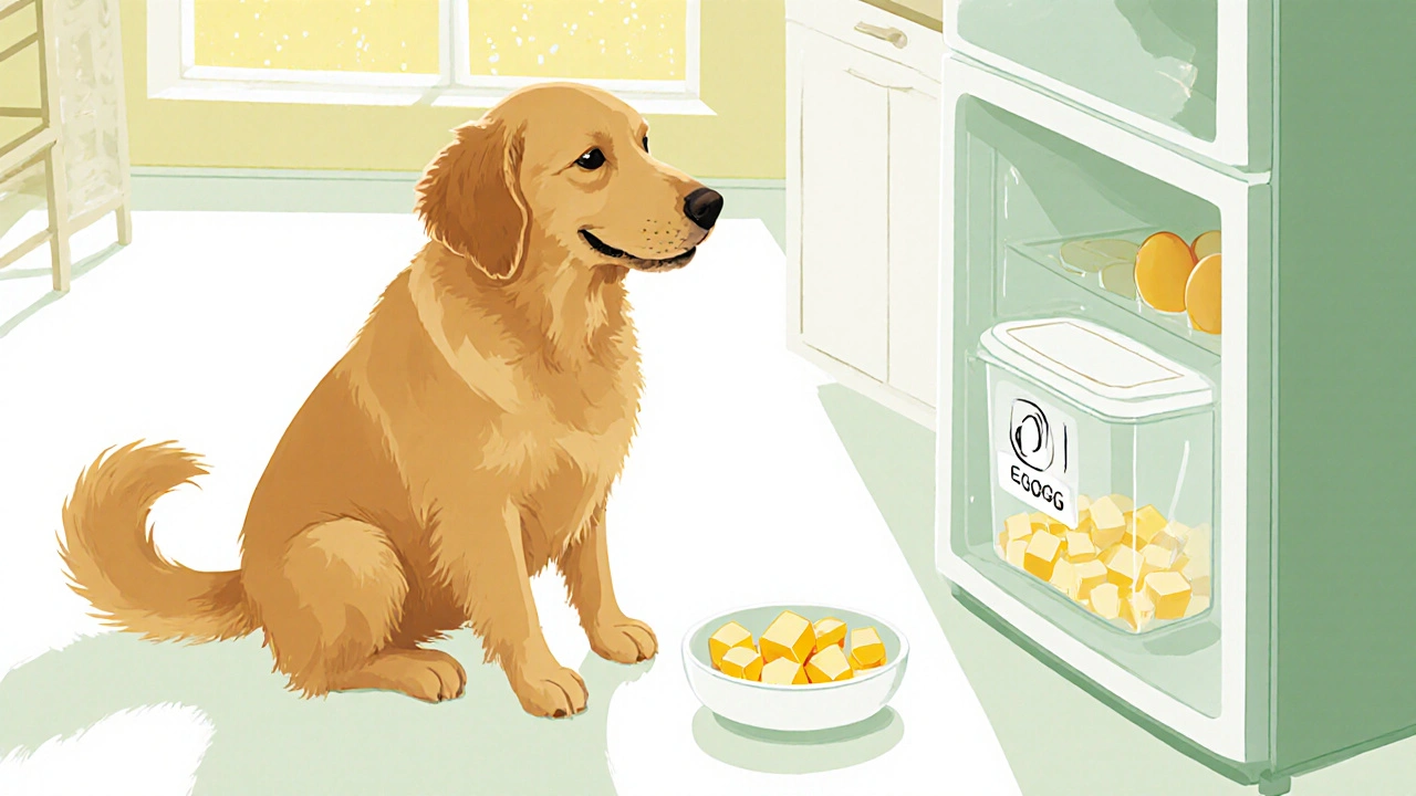 Собака ест небольшие кубики яйца из миски на кухне, рядом открытый холодильник.