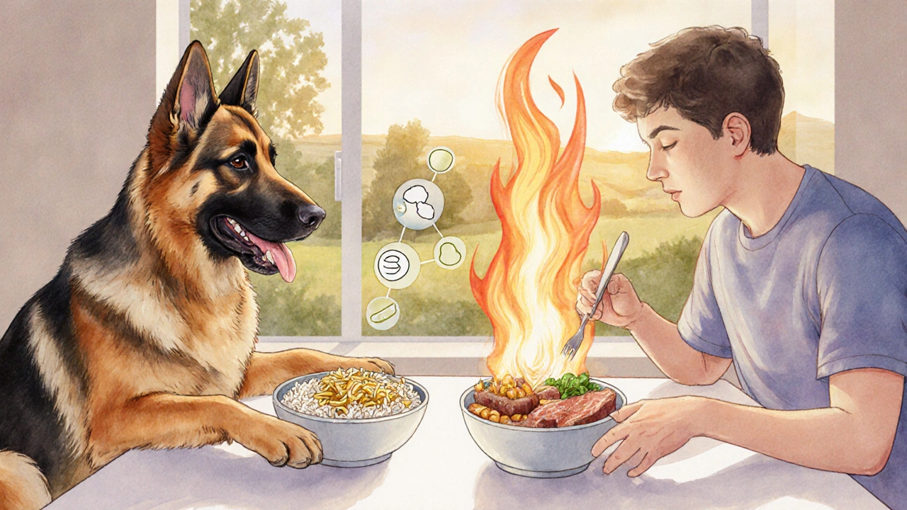 Собака и человек едят из разных мисок — мясо против риса и макарон.