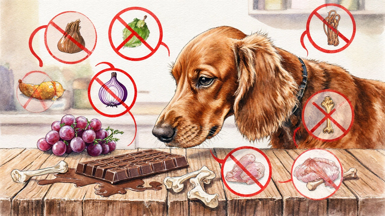 Собака исследует шоколад, лук, виноград и кости птицы, предупреждающие яркими кольцами.