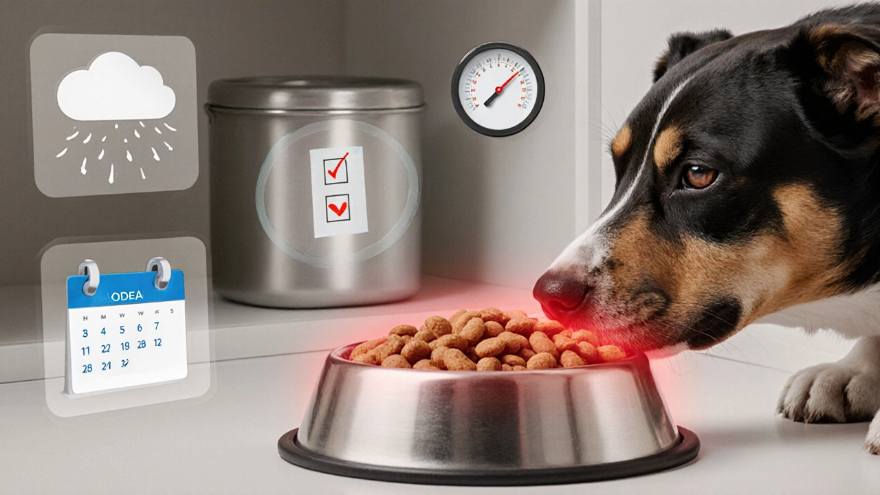 Собака обнюхивает корм с предупреждающим свечением, на фоне идеальных условий хранения.