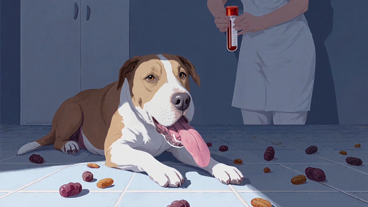 Собака слабо лежит в ветеринарной клинике рядом с виноградом и изюмом.