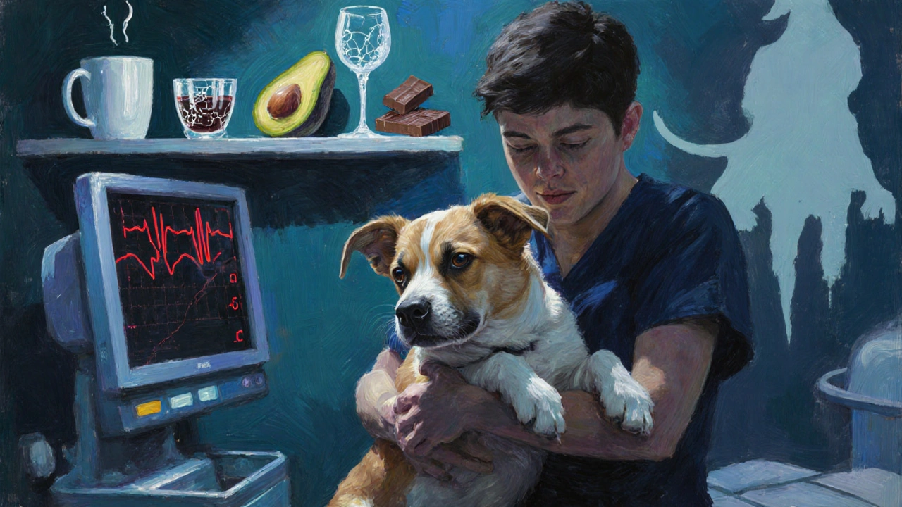 Собака в ветеринарной клинике, владелец в панике, вокруг видны предметы с ядовитыми продуктами.