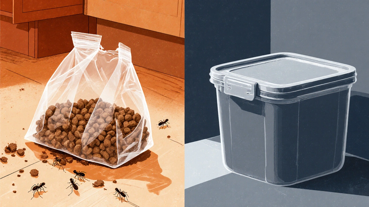 Сравнение: испорченный корм с муравьями слева и безопасно хранимый — справа.