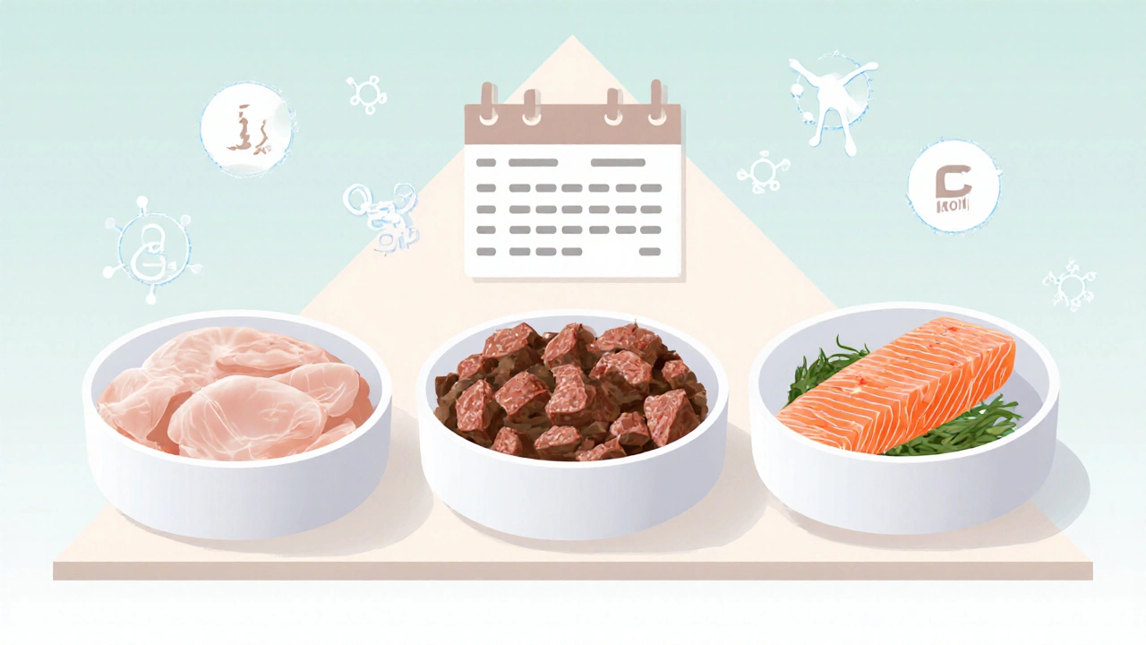 Три миски с курицей, говядиной и лососем показывают разнообразный рацион собаки.