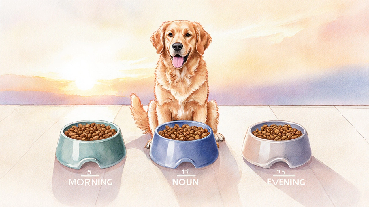 Три миски с натуральным кормом расположены по часовой схеме, собака ждёт каждый приём пищи.