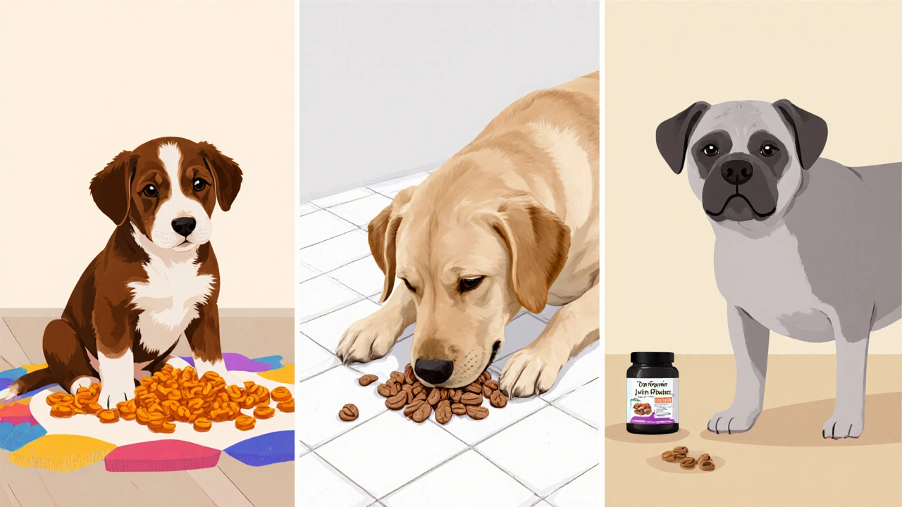 Три собаки разных возрастов – щенок, взрослая, пожилая – рядом с соответствующим кормом.