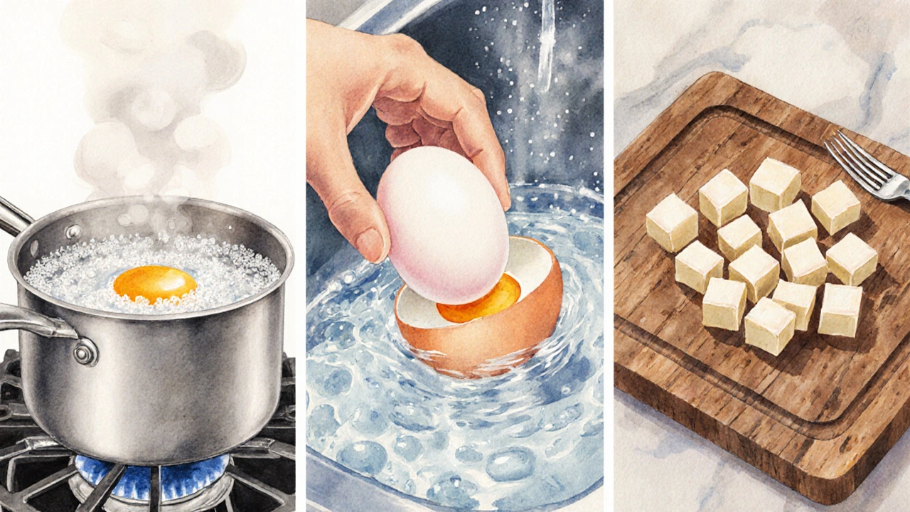 Варёное яйцо в кастрюле, затем охлажденное и нарезанное кусочками на деревянной доске.