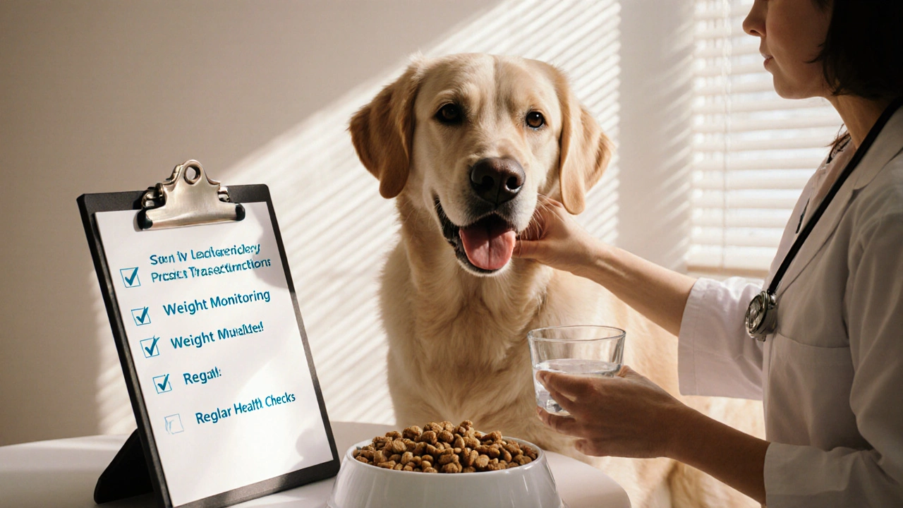 Ветеринар осматривает лабрадора, рядом владелец с миской сухого корма и стаканом воды.