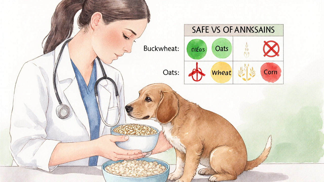Ветеринар показывает собаке безопасные крупы для каши, на фоне таблицы.