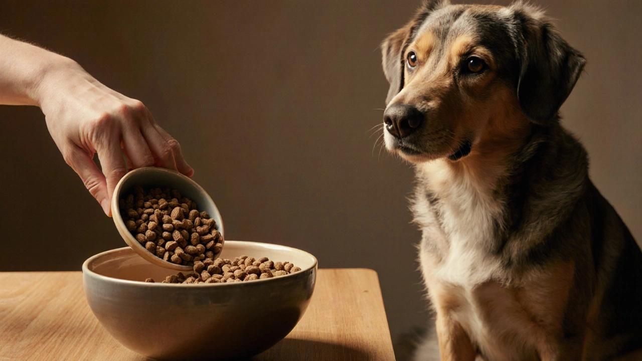 Ветеринар постепенно перемешивает старый и новый сухой корм, показывая переходный процесс.