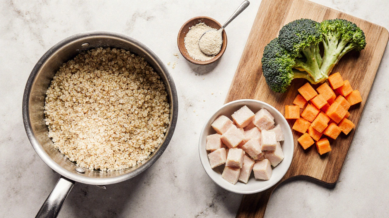 Вид сверху на готовящуюся кашу: гречка, курица, овощи и добавки.