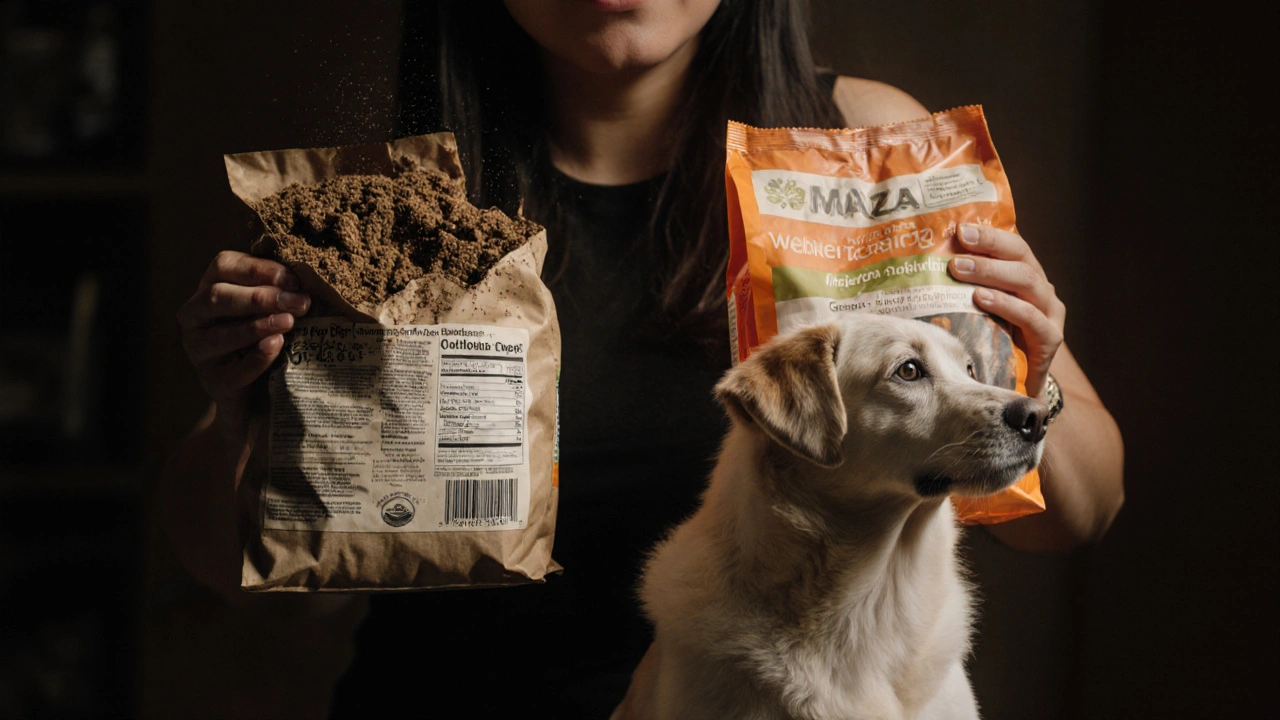 Владелец держит два пакета корма: один разваливается, другой излучает свет, собака рядом с ним.