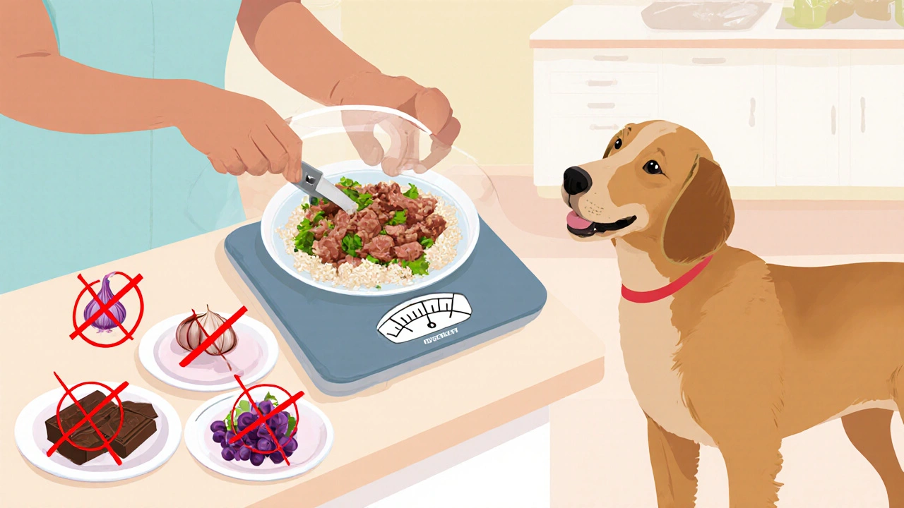 Владелец измеряет корм на весах, рядом видны запрещённые продукты с красными перечёркнутыми знаками.