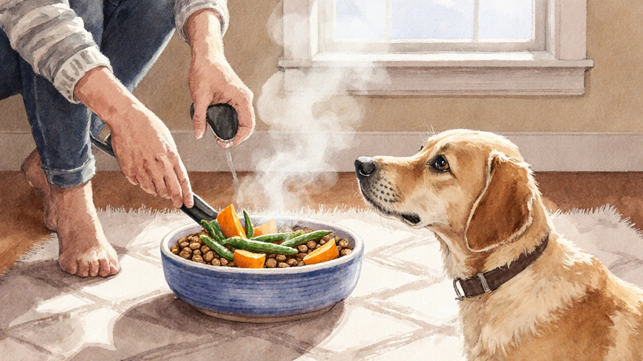 Владелец смешивает тыкву и фасоль с кормом для собаки.