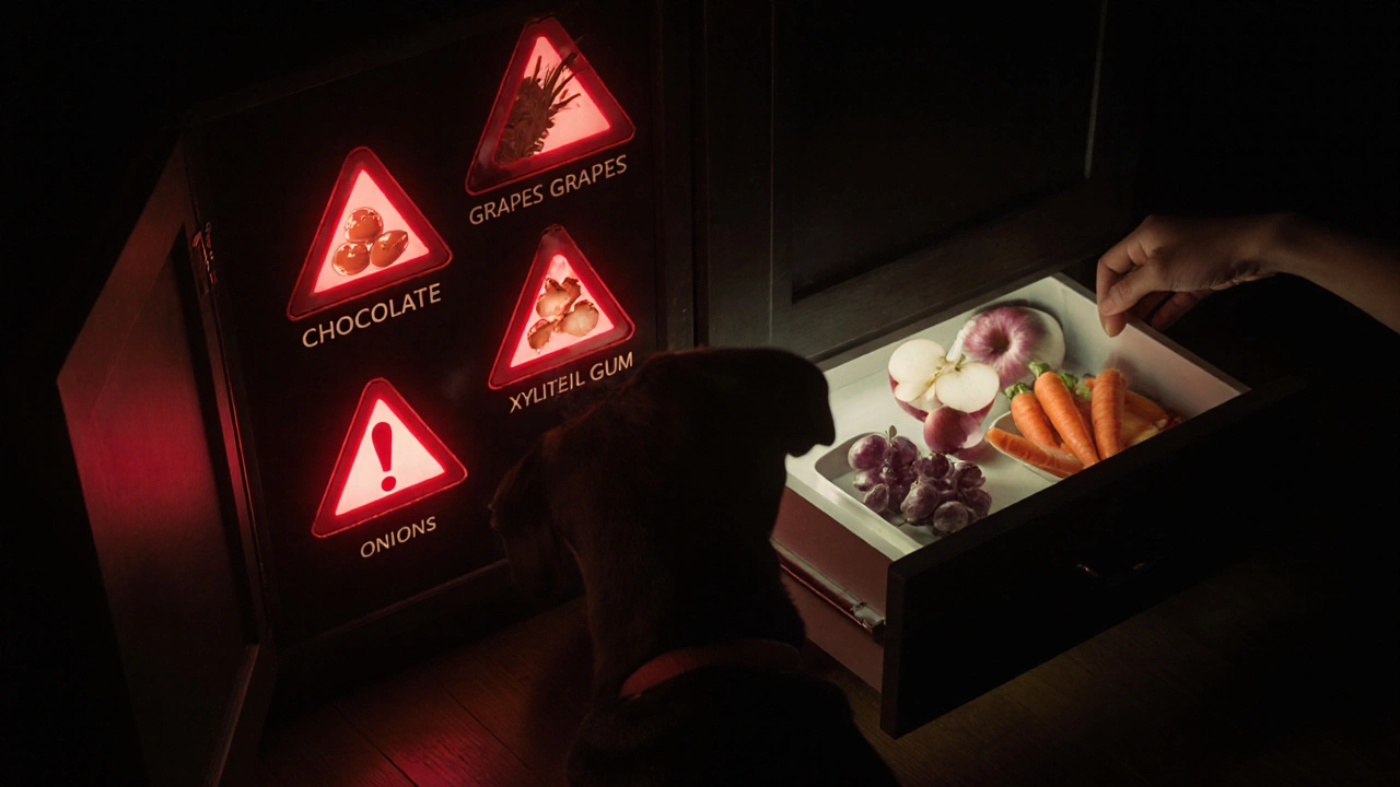 Закрытый шкаф с запрещенными продуктами, светящимися красными символами опасности.