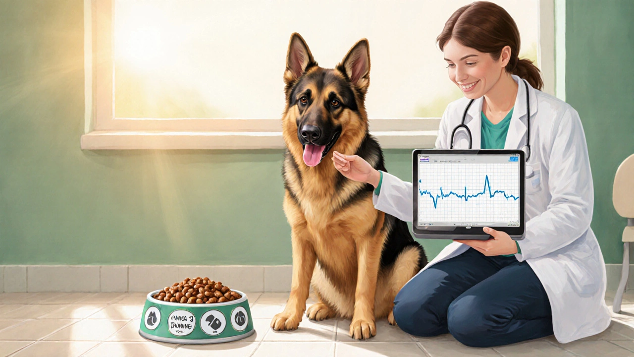 Здоровый немецкий овчарка рядом с ветеринаром, у которого на планшете стабильная ЭКГ, рядом миска сбалансированного корма.