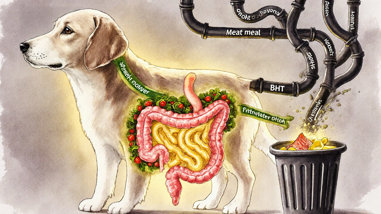 Здоровый пищеварительный тракт собаки светится, в то время как вредные добавки удаляются.