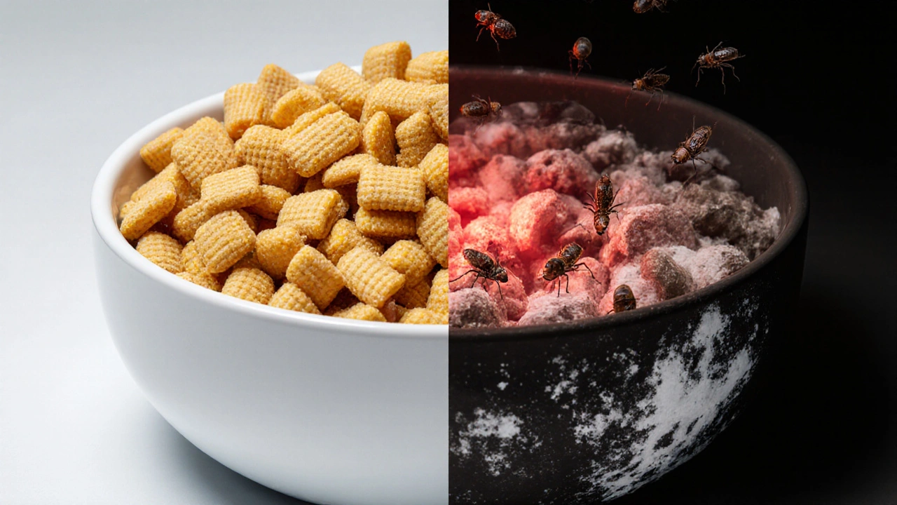 Два состояния корма: свежий и испорченный — контраст между здоровьем и опасностью.