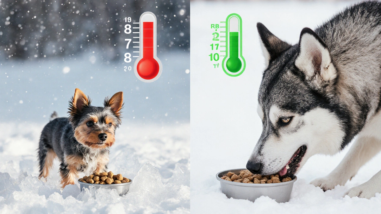 Две собаки: маленькая, мерзнувшая, и большая, спокойная — обе едят холодный корм, разница в реакции.