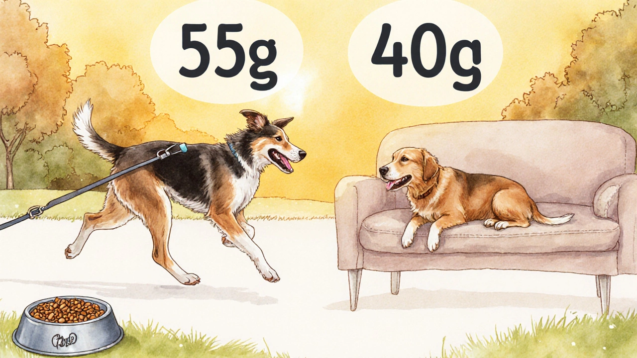 Две собаки одинакового веса: одна бегает в парке, другая отдыхает — с разными порциями корма.